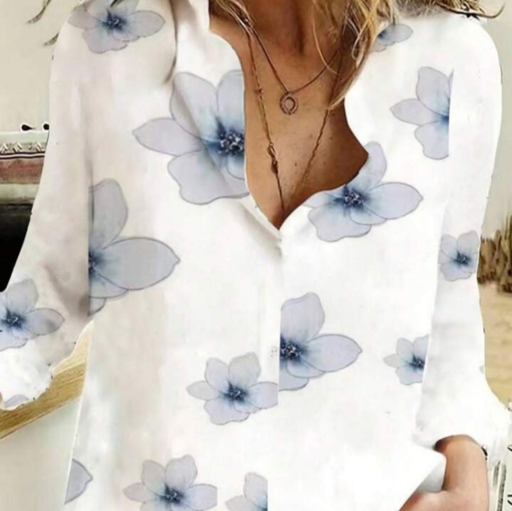 Women's Turndown Collar Printed Casual Loose Long Sleeve Blouse